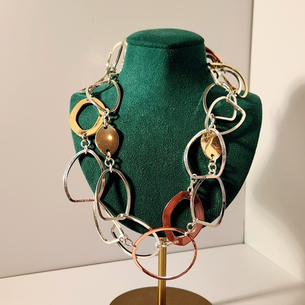 Mixed Metal Tri-Tone Long Link Necklace Silver Gold Rose Gold Geometric Shapes